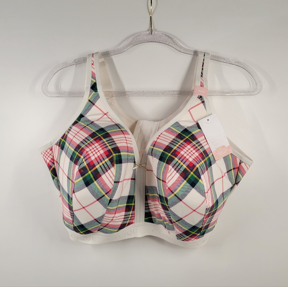 Cacique Lightly Lined Red White Green Plaid No-wire Bra Size 46DDD New